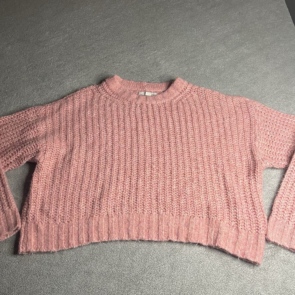 American Eagle Pink Chunky Ribbed Knit Cropped Crewneck Sweater M B343
